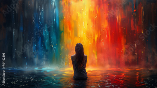 Woman silhouette sitting in front of a rainbow coloured waterfall
