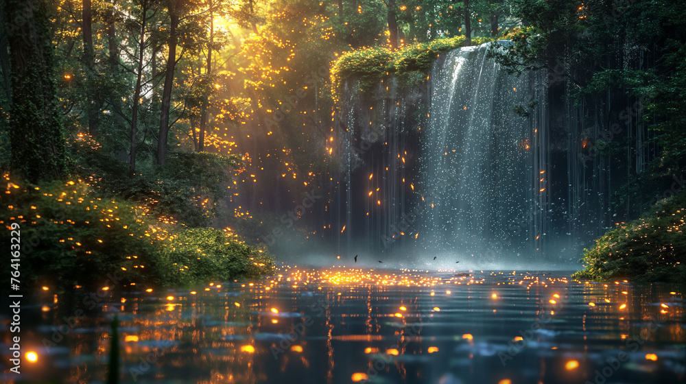 an incredibly beautiful waterfall in a green forest where there are many fireflies that give this place a special magic and fabulousness