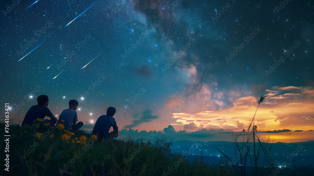 back view of a group of people sitting on a hill and looking at the night sky when the sun has just set and the sky is still visible with clouds and falling meteorites - obrazy, fototapety, plakaty 