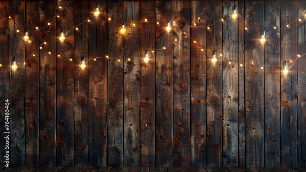 Warm ambience with string lights draped on a rustic wooden wall setting a cozy scene
