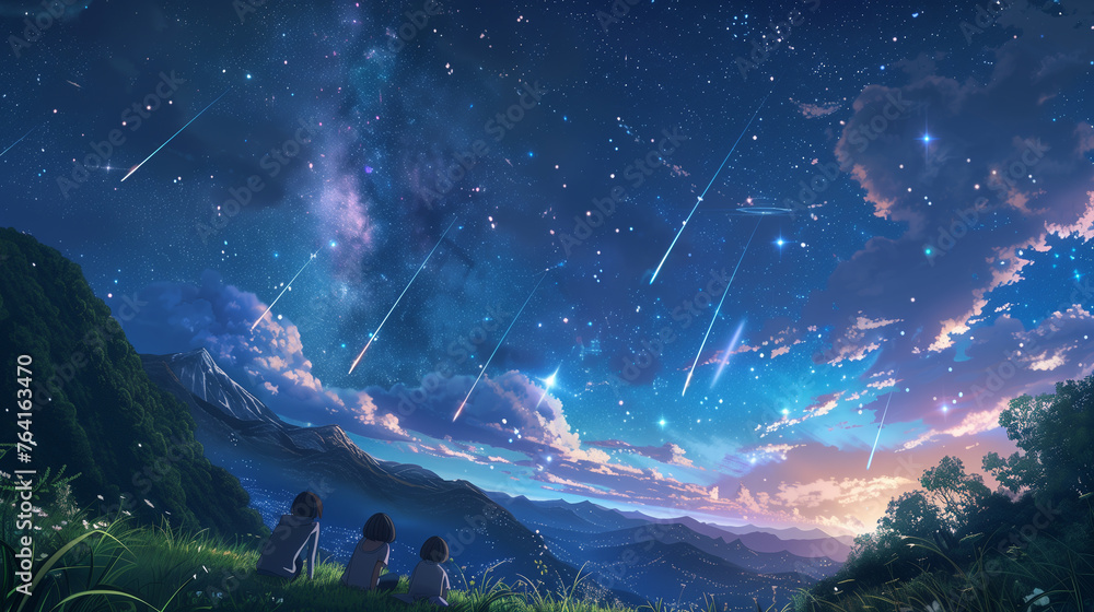 back view of a group of people sitting on a hill and looking at the night sky when the sun has just set and the sky is still visible with clouds and falling meteorites - obrazy, fototapety, plakaty 