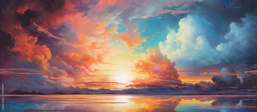 Create an artistic portrayal of a peaceful sunset set against a tranquil body of water