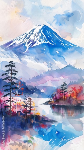 A watercolor painting of a towering mountain in the backdrop with a tranquil lake in the foreground, showcasing the serene beauty of nature.