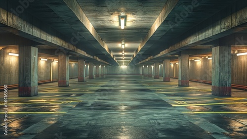 Modern underground parking lot bathed in a tranquil ambiance with ample space photo