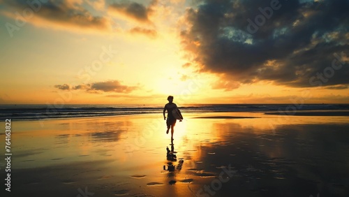 Male surfer with longboard in her hand. Man surfer carrying longboard and running on warm ocean water orange summer sunset. Adventure spirit success achievement freedom concept. Slow motion in 4K