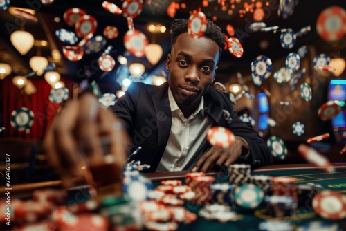 young african man sitting at casino table with many poker chips flying around and drink, black male gambling and winning, looking confident and handsome, gamble establishment concept