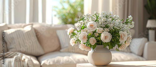 Elegant bouquet of creamy roses and delicate flowers in a sunlit living room