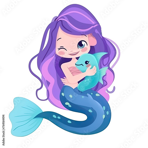 An illustration of a mermaid with purple hair hugging a fish photo