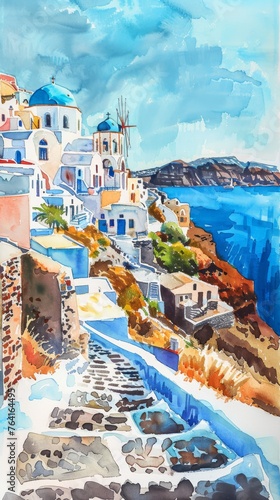 A realistic watercolor painting depicting a quaint village situated next to the ocean. The village is bustling with activity, showing buildings, people, and boats along the shoreline.