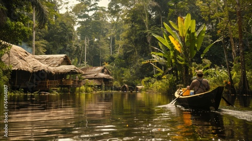 Man Canoeing Down River In Jungle