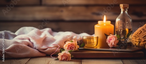A tray is adorned with lit candles, blooming flowers, a cozy blanket, and a bottle, creating a serene atmosphere