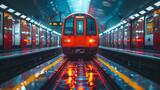 Red subway train arriving at a station platform with vibrant lighting