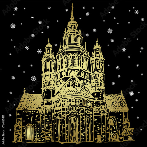Roman Catholic temple under snowflakes. Winter Christmas design. Mainz Cathedral in Germany. Hand drawn sketch. Golden silhouette on black background.