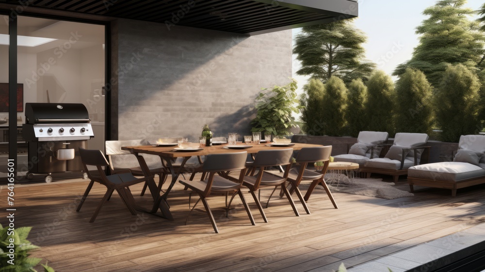 Generative AI Well-appointed outdoor terrace with a barbecue area and dining space.