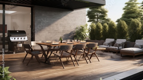 Generative AI Well-appointed outdoor terrace with a barbecue area and dining space.