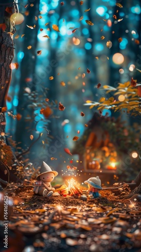 Two small gnome figurines are seated among the trees in a forest setting. The gnomes appear to be deep in conversation or contemplation  their colorful hats and beards standing out against the green f