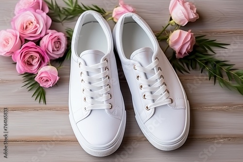 White female fashion sneakers shoe and Spring flowers and wooden background