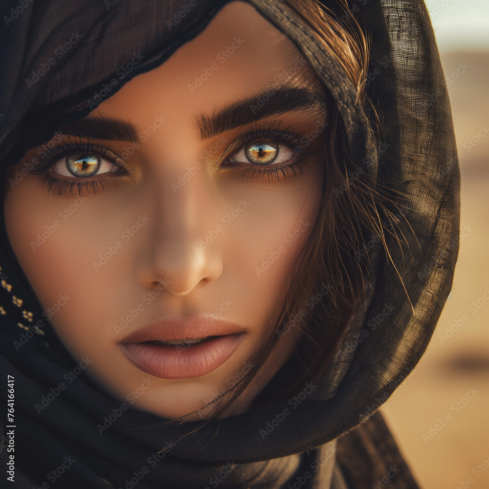 
arabic beauty woman, smoky eyes, desert in the background