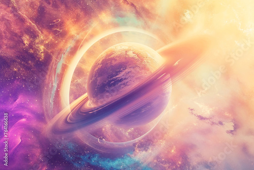 Colorful illustration of Saturn in space surrounded by warm yellow and purple light futuristic space background. 