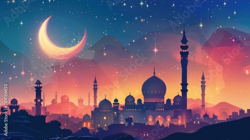 watercolor illustration, Eid al Fitr, Laylat al-Qadr, Eid Mubarak, silhouette of a mosque in the desert against the night sky, bright crescent moon and stars, vintage style