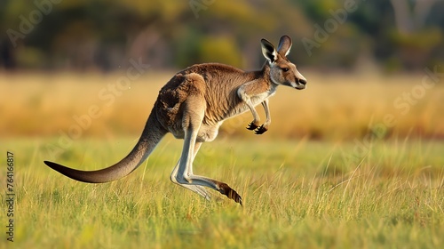 A kangaroo is running through a field of grass. Concept of freedom and energy as the kangaroo leaps through the open space photo