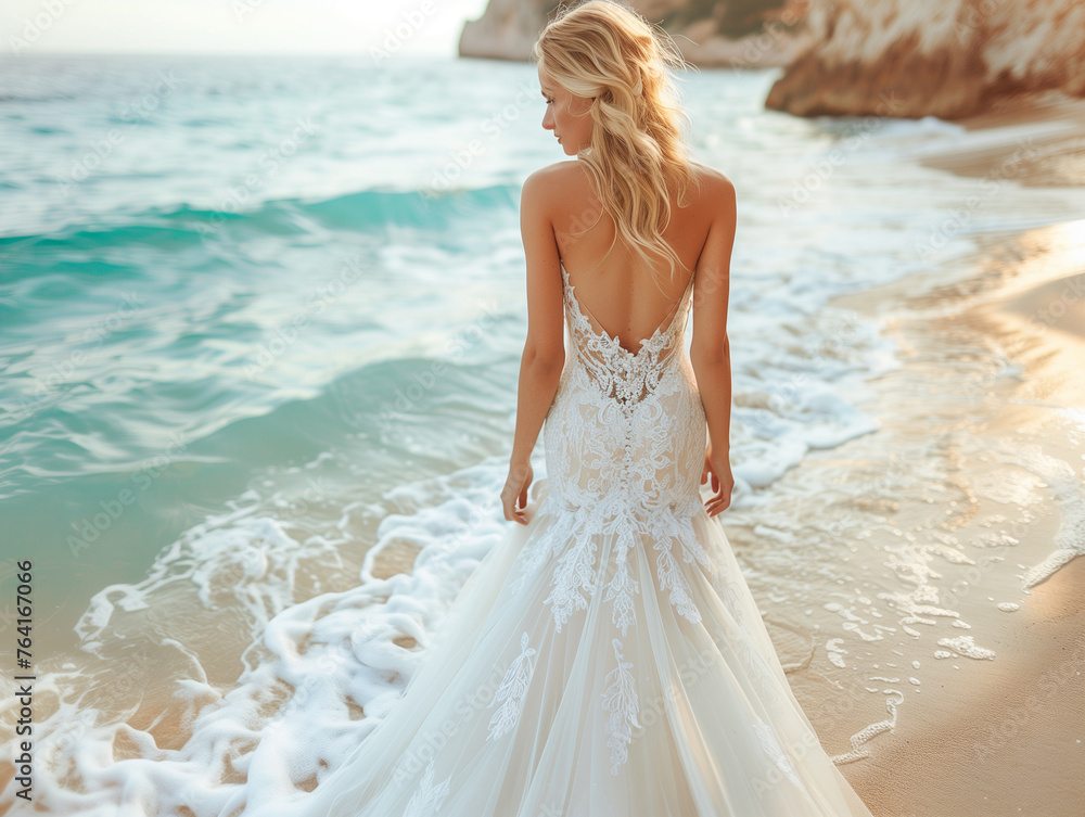 Wide angle. Fashion portrait of a beautiful bride at seaside. Wide angle. Fashion portrait of a beautiful bride at seaside.