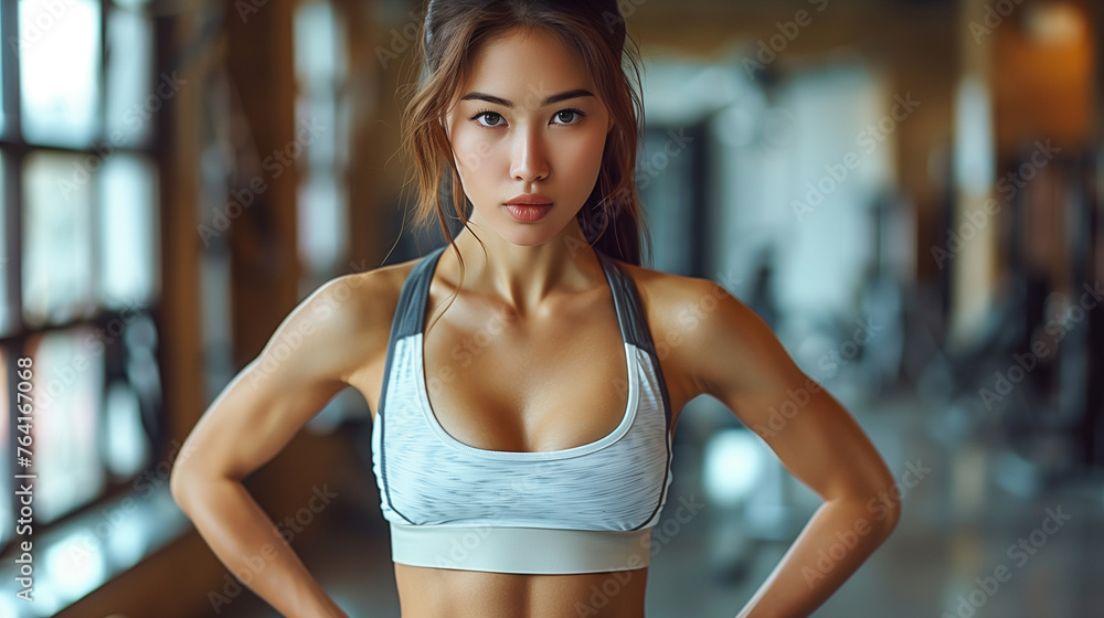 athletic asian girl shaped abdominal, fitness woman.