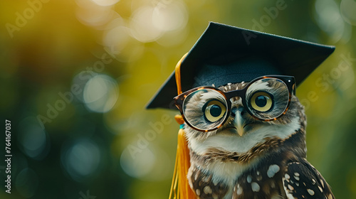An owl wearing glasses and a graduation cap, set against a lush green natural background