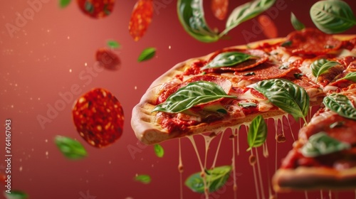 Handmade pizza with a filling floating in the air promotional photo