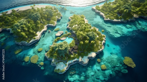 Generative AI A drone s-eye view of an exotic island group featuring palm-fringed beaches  turquoise lagoons  and a mosaic of coral reefs creating breathtaking underwater scenery