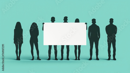 A diverse group of silhouetted individuals stands against a teal backdrop, holding a large, blank white banner
