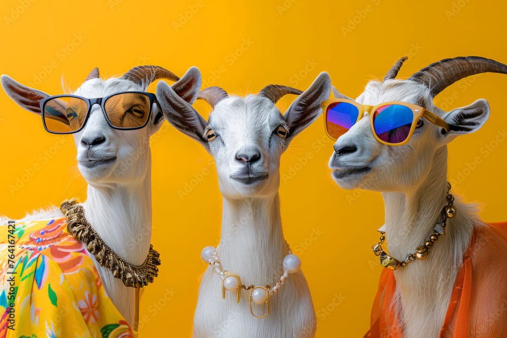 Fototapeta premium Three goats wearing sunglasses and necklaces are posing for a photo. The goats are wearing different colored outfits. goats in sunglasses on an orange background, in the style of fashion photography