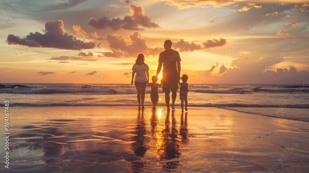 A man and two children are walking along the sandy beach as the sun sets in the background. The sky is filled with warm hues of orange and pink, casting a soft glow over the trio.