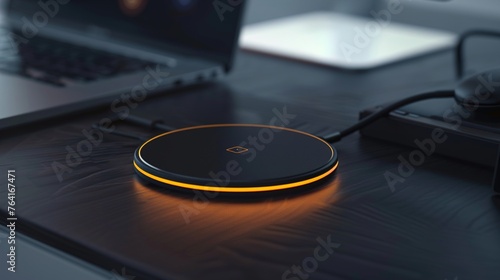 A sleek wireless charging pad against a backdrop of sleek black, its surface adorned with minimalist LED indicators, offering seamless power delivery for modern devices. photo