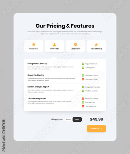 Minimalist service subscription pricing and feature overview web user interface design