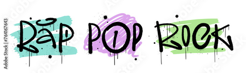 Grunge illustration of  music styles with urban graffiti street art.  Cool print for graphic tee, streetwear, hoodie. Vintage retro symbol. Nostalgia for 1980s, 1990s.