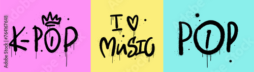 Kawaii print set for kpop and pop fans. Retro urban style grunge drawing with cute slogan text. Graffiti tagging of K-pop. Spray effect for graphic tee t shirt, streetwear - Vector artwork.