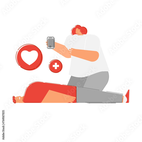 Cartoon character for basic life support and call an emergency help.