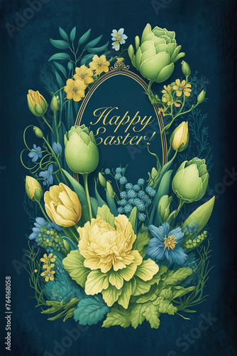 Happy Easter greeting card in deep blue and green