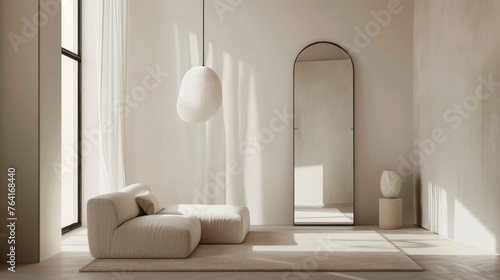 Sleek Neutral Living Room Decor with Modern Lighting and Floor Mirror AI Generated.