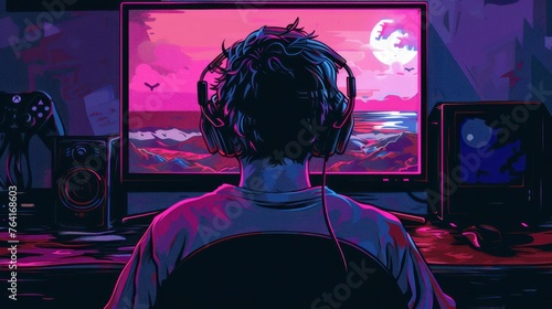 illustration of a young man playing in front of your PC and with headphones in high resolution