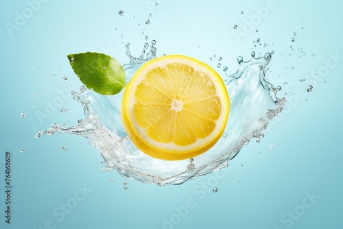 Fresh juicy lemon in splashes of water on a blue background