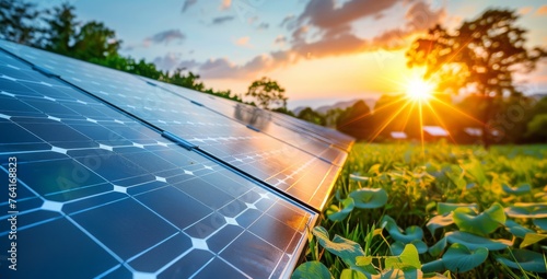 Solar Panels Bask in the Sunset Glow, Harnessing the Power of the Sun Amidst a Verdant Field, Signifying a Future of Green Energy, Generative AI
