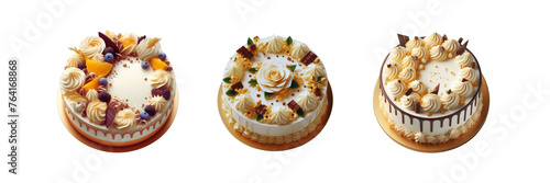Set of Fresh Golden cakes with cream and chocolate on top view, illustration, isolated over on transparent white background © Mithun
