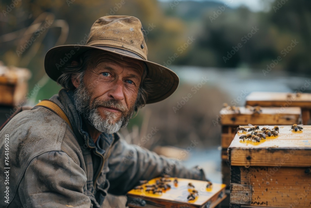 A rugged male beekeeper tending to bee hives with natural greenery in the background