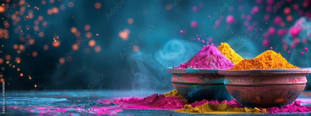 Indian Holi festival powder colors in bowls on blue background. Colorful organic gulal in earthen bowl. Festival of Colors concept. Banner or card with copy space. Flat lay, top view - obrazy, fototapety, plakaty 