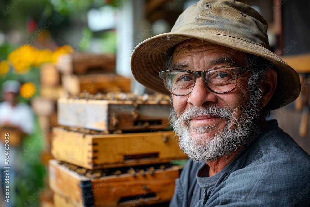A contemplative man in a wide-brimmed hat stands beside beehives, representing the intersection of tradition and commerce A contemplative man in a wide-brimmed hat stands beside beehives, representing the intersection of tradition and commerce