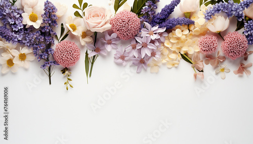 Mother day. Framed flowers isolated on white background top view. Mixed flower arrangements. Blooms for mom. Copy space. Wedding concept. Bride beautiful bouquet. Birthday  Valentine day. Banner