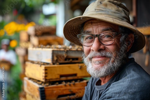 A contemplative man in a wide-brimmed hat stands beside beehives, representing the intersection of tradition and commerce