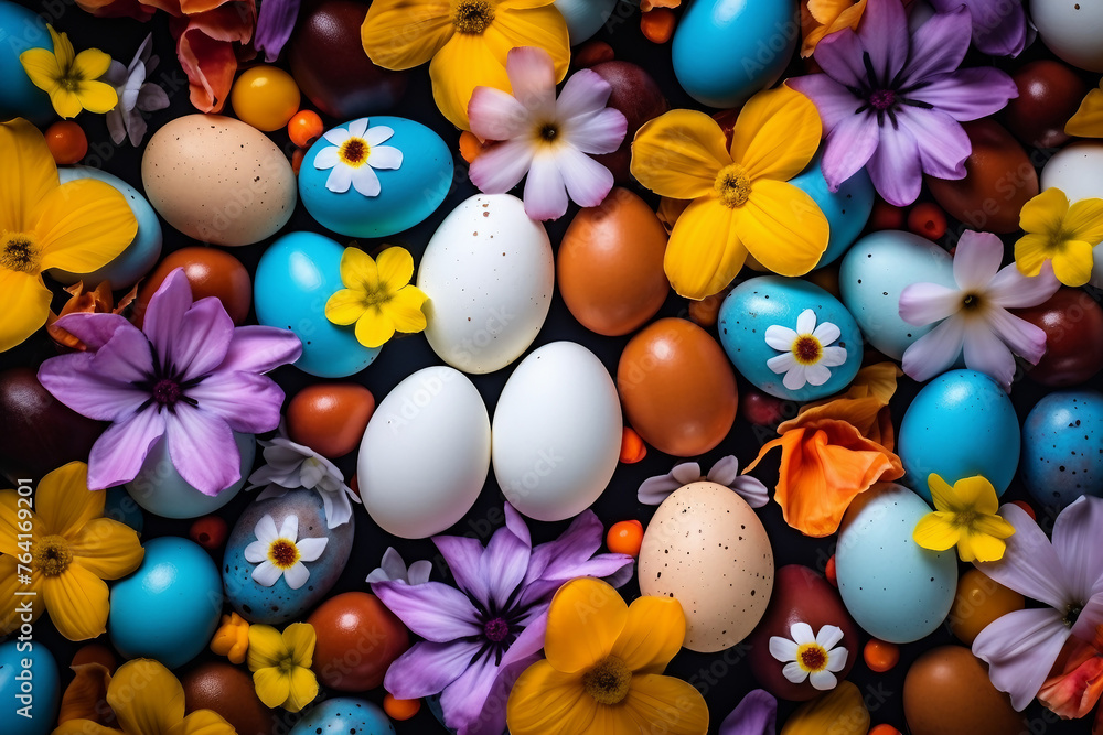 Generative AI picture bright graphics montage Easter holiday theme painted eggs bunny ears fresh tulips dinner decorations